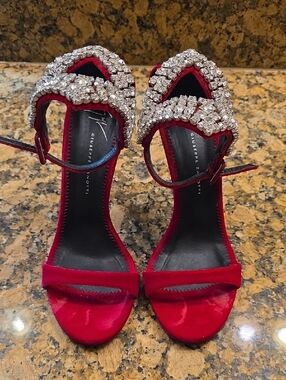 Stunning Giuseppe Zanotti Red Satin Crystal-Strap Sandals